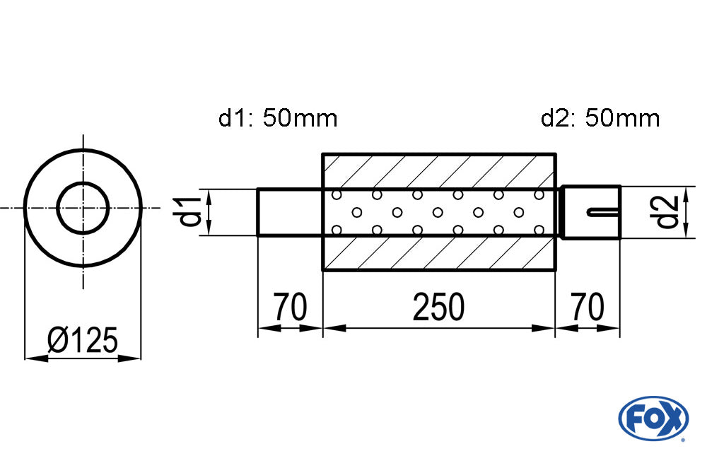 FOX Uni-Schalldämpfer rund mit Stutzen - Abwicklung 390 Ø 125mm, d1Ø 50mm d2Ø 50,5mm, Länge: 250mm