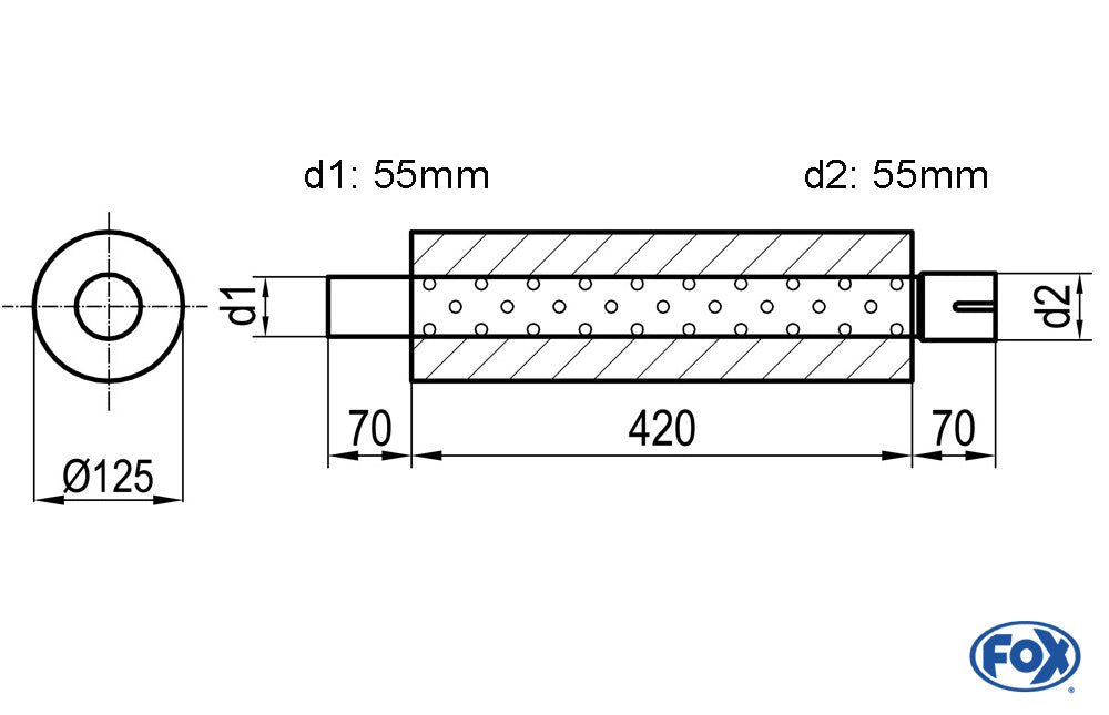 FOX Uni-Schalldämpfer rund mit Stutzen - Abwicklung 390 Ø 125mm, d1Ø 55mm d2Ø 55,5mm, Länge: 420mm
