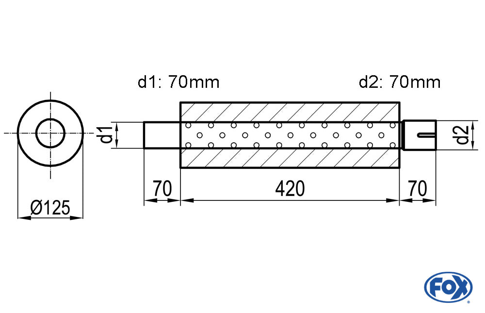 FOX Uni-Schalldämpfer rund mit Stutzen - Abwicklung 390 Ø 125mm, d1Ø 70mm d2Ø 70,5mm, Länge: 420mm