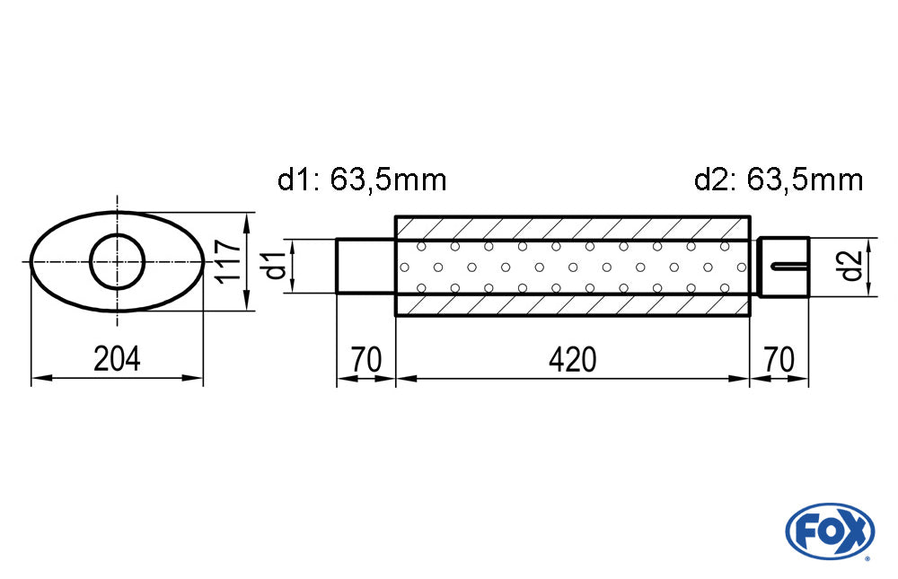 FOX Uni-Schalldämpfer oval mit Stutzen - Abwicklung 525 204x117mm, d1Ø 63,5mm d2Ø 64mm, Länge: 420mm