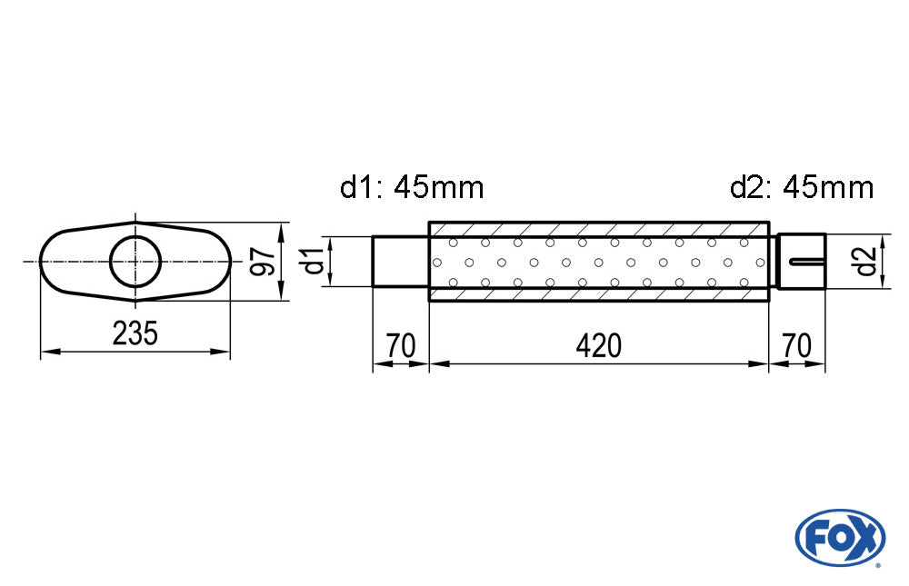 FOX Uni-Schalldämpfer oval mit Stutzen - Abwicklung 558 235x97mm, d1Ø 45mm d2Ø 45,5mm, Länge: 420mm