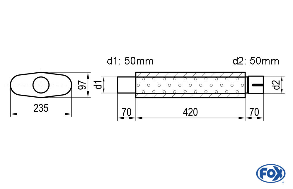 FOX Uni-Schalldämpfer oval mit Stutzen - Abwicklung 558 235x97mm, d1Ø 50mm d2Ø 50,5mm, Länge: 420mm