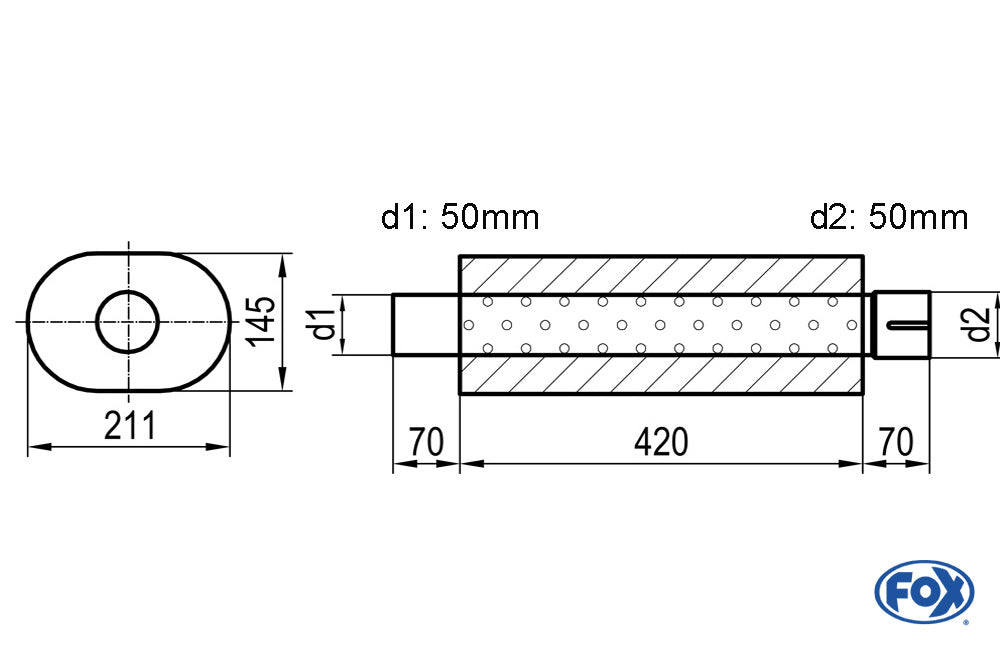 FOX Uni-Schalldämpfer oval mit Stutzen - Abwicklung 585 211x145mm, d1Ø 50mm d2Ø 50,5mm, Länge: 420mm