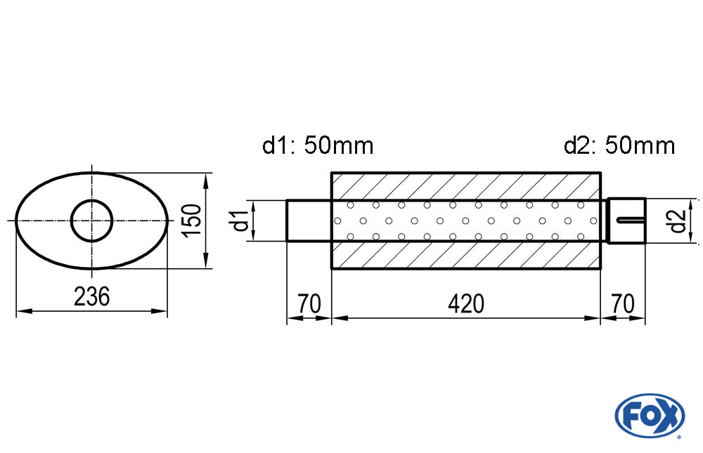 FOX Uni-Schalldämpfer oval mit Stutzen - Abwicklung 618 236x150mm, d1Ø 50mm d2Ø 50,5mm, Länge: 420mm