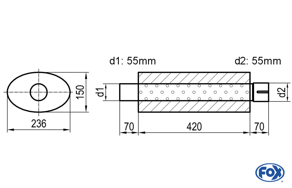 FOX Uni-Schalldämpfer oval mit Stutzen - Abwicklung 618 236x150mm, d1Ø 55mm d2Ø 55,5mm, Länge: 420mm