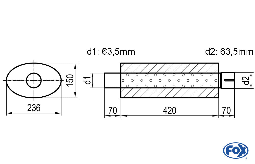 FOX Uni-Schalldämpfer oval mit Stutzen - Abwicklung 618 236x150mm, d1Ø 63,5mm d2Ø 64mm, Länge: 420mm