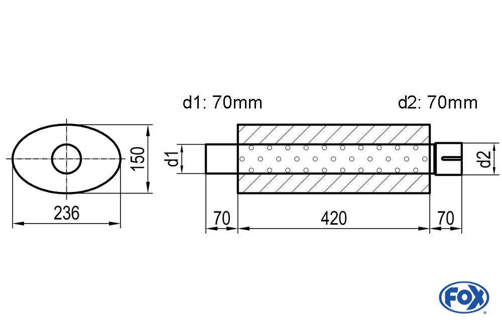 FOX Uni-Schalldämpfer oval mit Stutzen - Abwicklung 618 236x150mm, d1Ø 70mm d2Ø 70,5mm, Länge: 420mm