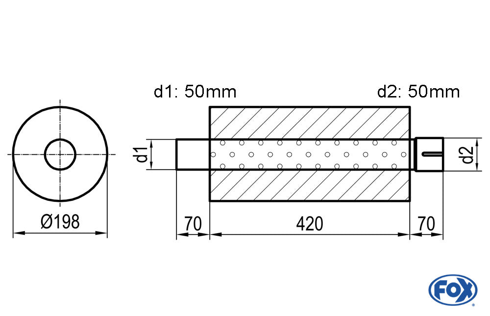FOX Uni-Schalldämpfer rund mit Stutzen - Abwicklung 626 Ø 198mm, d1Ø 45mm d2Ø 45,5mm, Länge: 420mm