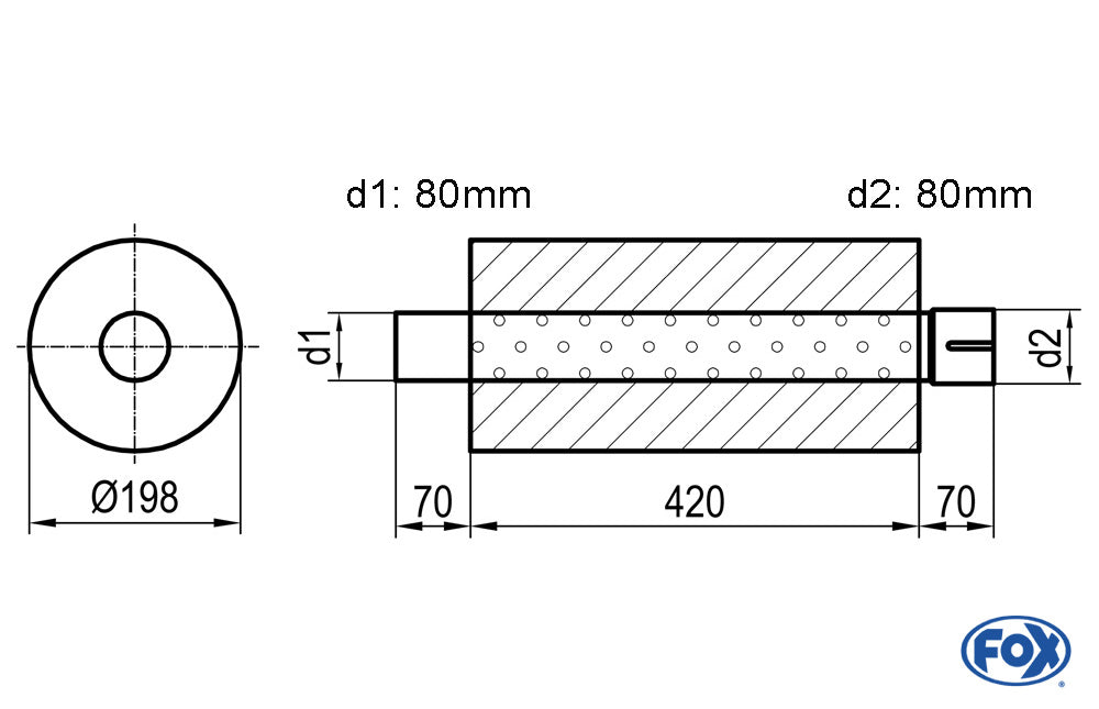 FOX Uni-Schalldämpfer rund mit Stutzen - Abwicklung 626 Ø 198mm, d1Ø 76mm d2Ø 76,5mm, Länge: 420mm