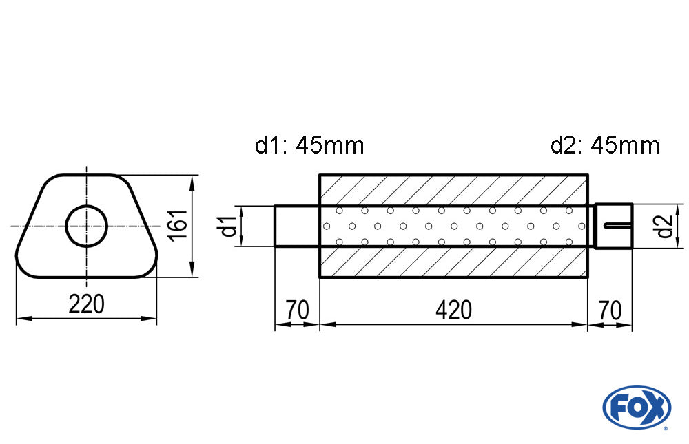 FOX Uni-Schalldämpfer Trapezoid mit Stutzen - Abwicklung 644 220x161mm, d1Ø 45mm d2Ø 45,5mm, Länge: 420mm