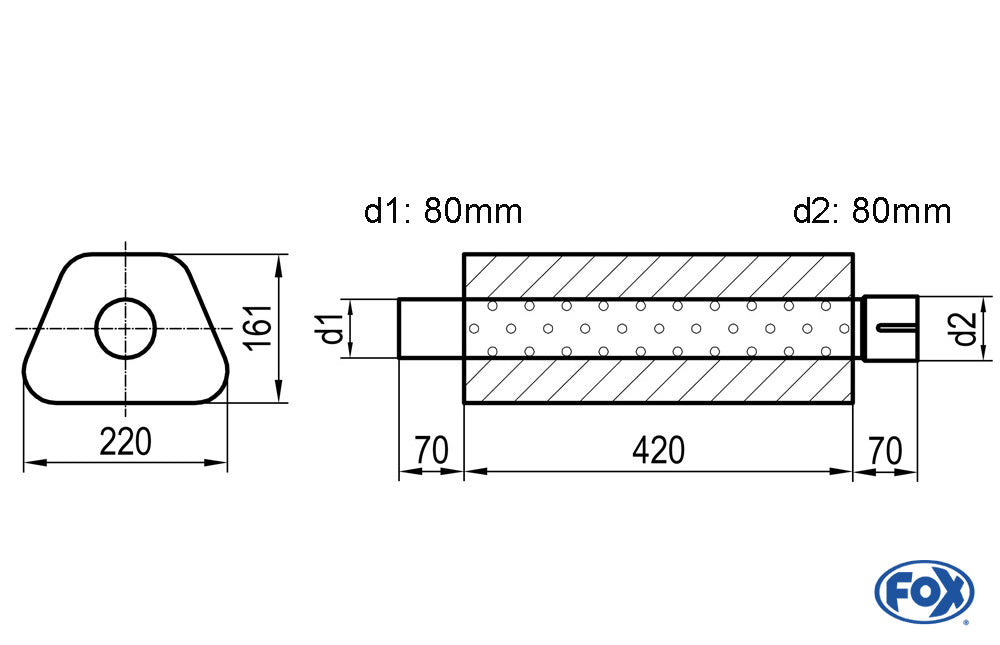 FOX Uni-Schalldämpfer Trapezoid mit Stutzen - Abwicklung 644 220x161mm, d1Ø 80mm d2Ø 80mm, Länge: 420mm