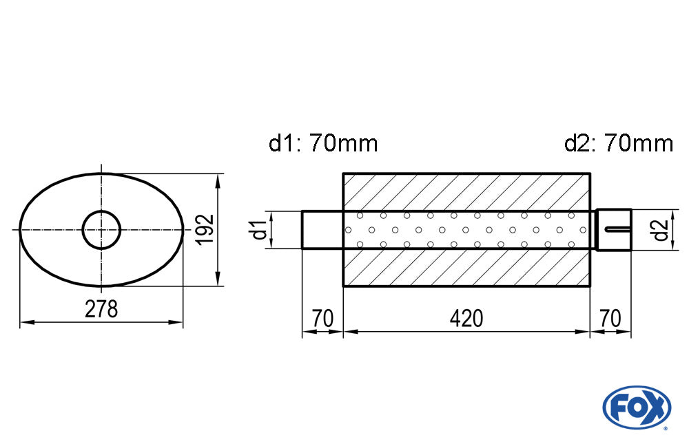 FOX Uni-Schalldämpfer oval mit Stutzen - Abwicklung 754 278x192mm, d1Ø 70mm d2Ø 70mm, Länge: 420mm