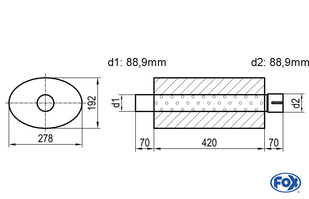 FOX Uni-Schalldämpfer oval mit Stutzen - Abwicklung 754 278x192mm, d1Ø 88,9mm d2Ø 88,9mm, Länge: 420mm