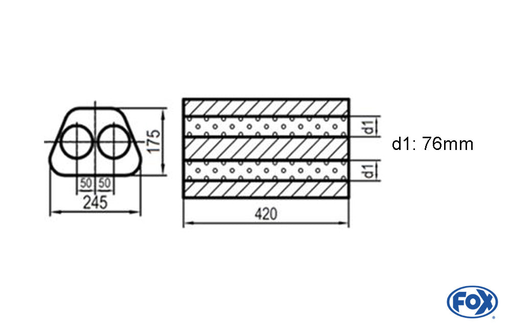 FOX Uni-Schalldämpfer Trapezoid zweiflutig - Abwicklung 711 245x175mm, d1Ø 76mm außen -, Länge: 420mm