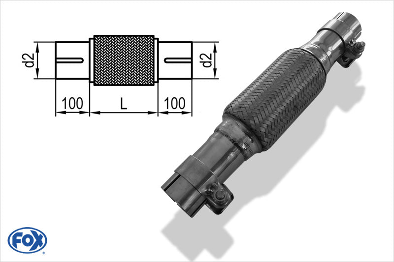 FOX Flexibles Rohr Interlock - Ø70mm - Länge: 150mm + Stutzen Innenleben besteht aus Edelstahlwellrohr - Außenhülle ist Edelstahlgeflecht - Mit Edelstahl-Schlussstutzen zum Schrauben mit Schelle - d2 (innen): variabel (muss separat angegeben werden!)