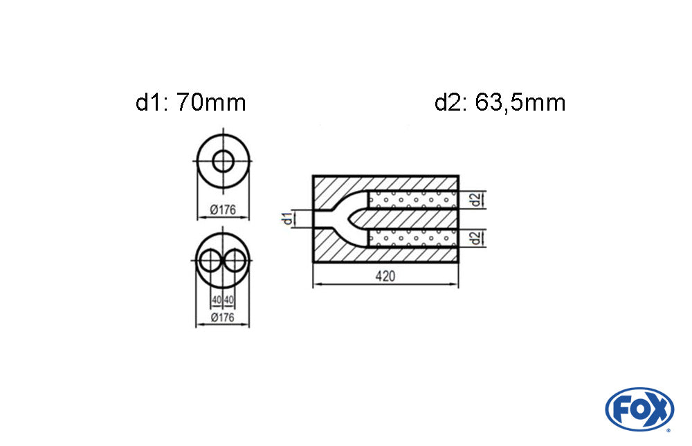 FOX Uni-Schalldämpfer rund zweiflutig mit Hose- Abwicklung 556 Ø176mm, d1Ø 70mm außen, d2Ø 60mm außen, Länge: 420mm -Ø176mm
