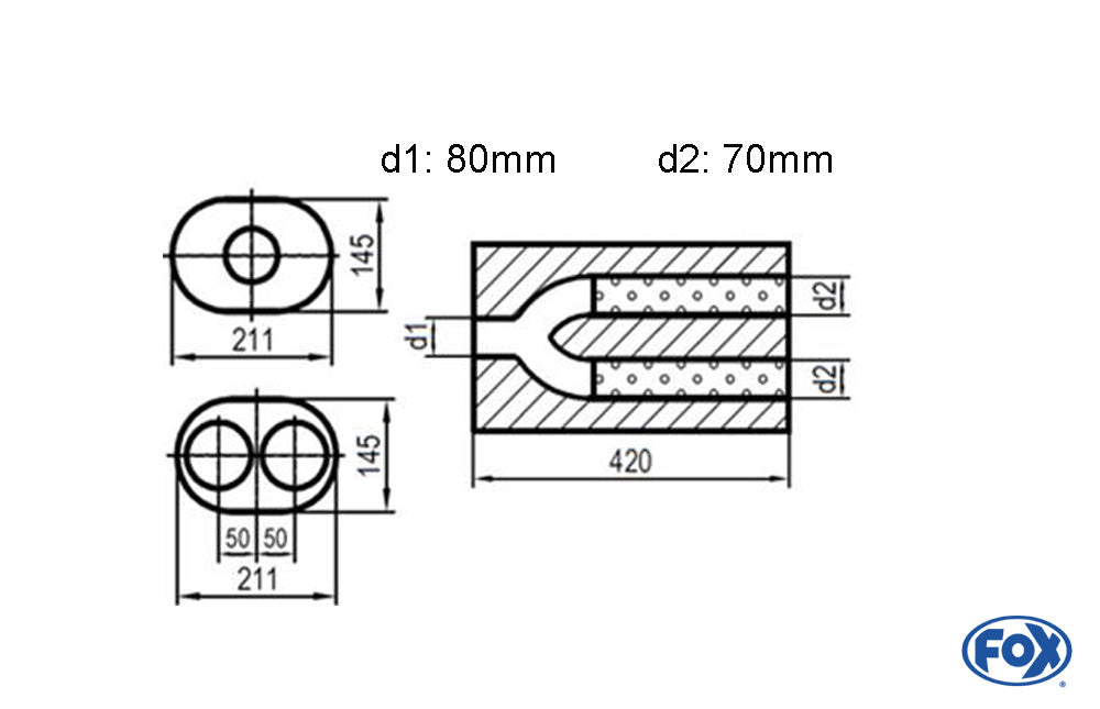 FOX Uni-Schalldämpfer oval zweiflutig mit Hose - Abwicklung 585 211x145mm, d1Ø 76mm d2Ø 63,5mm, Länge: 420mm