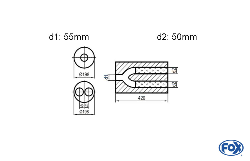 FOX Uni-Schalldämpfer rund zweiflutig mit Hose - Abwicklung 626 Ø198mm, d1Ø 55mm d2Ø 2x50mm, Länge: 420mm -Ø198mm