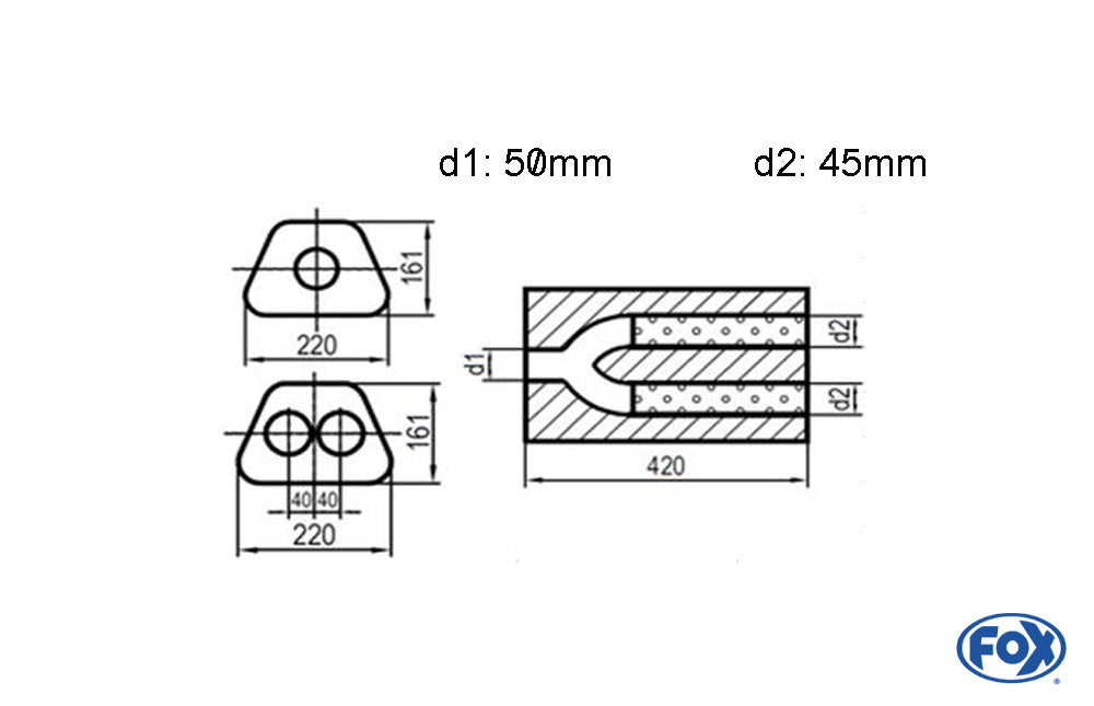 FOX Uni-Schalldämpfer trapezoid zweiflutig mit Hose - Abw. 644 220x161mm, d1Ø 50mm d2Ø 45mm, Länge: 420mm