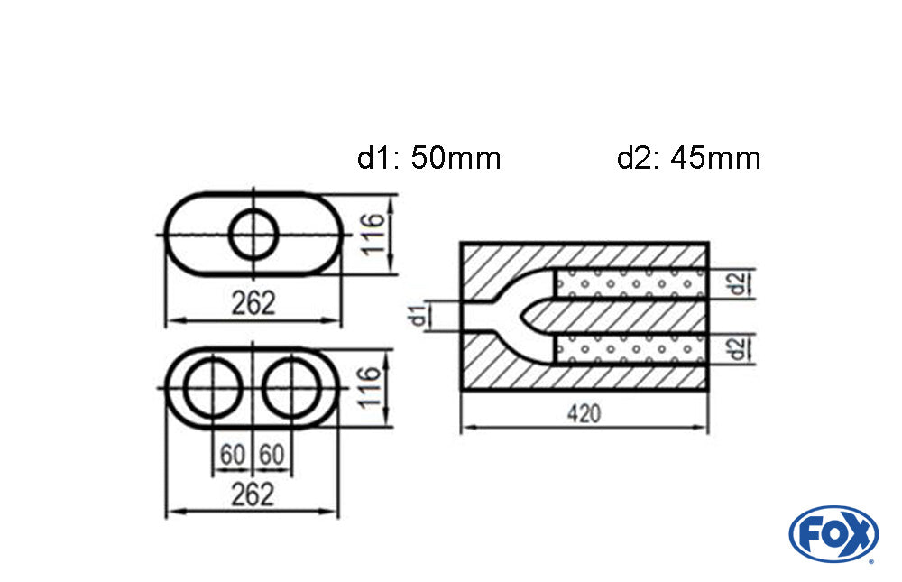 FOX Uni-Schalldämpfer oval zweiflutig mit Hose - Abwicklung 650 262x116mm, d1Ø 50mm d2Ø 45mm, Länge: 420mm