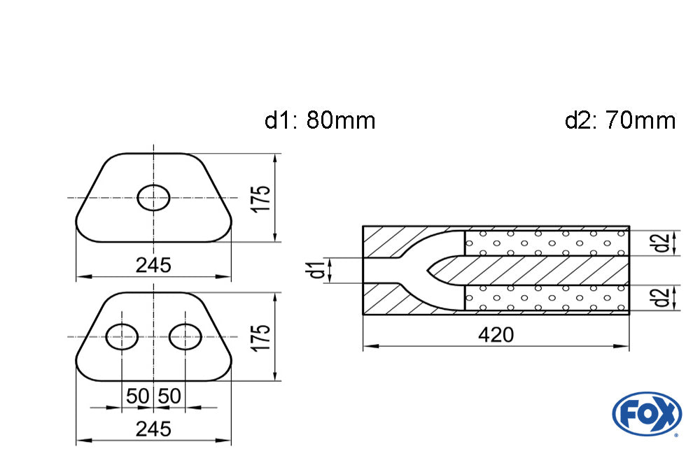 FOX Uni-Schalldämpfer trapezoid zweiflutig mit Hose - Abw. 711 245x175mm, d1Ø 80mm d2Ø 70mm, Länge: 420mm