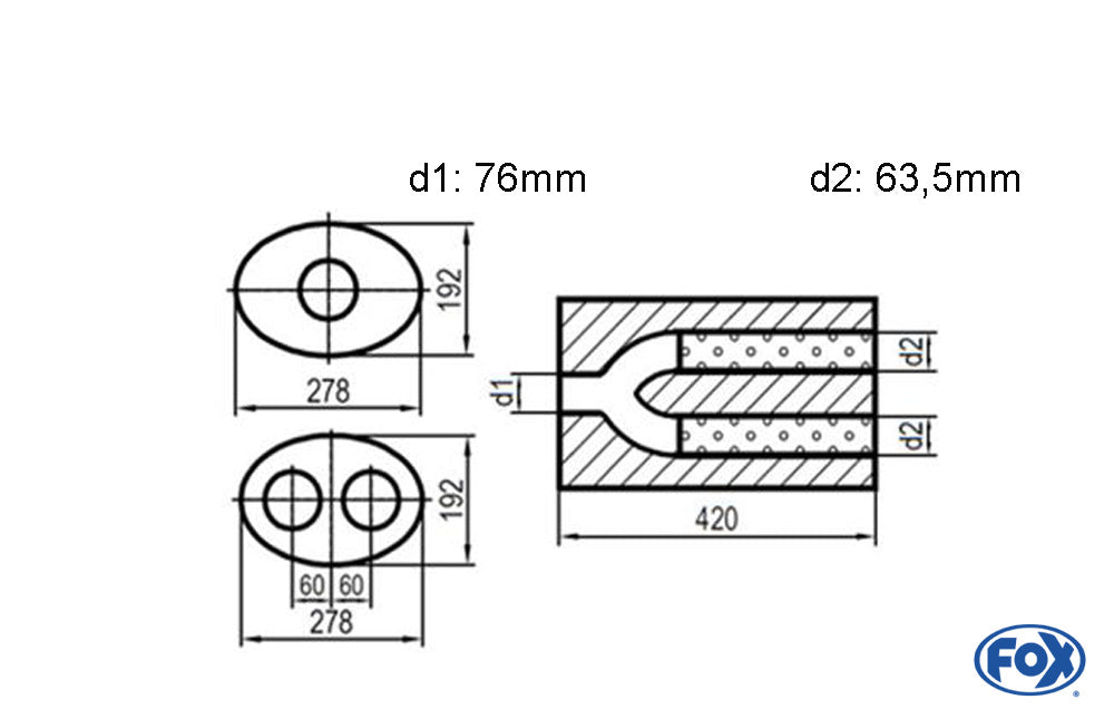 FOX Uni-Schalldämpfer oval zweiflutig mit Hose - Abwicklung 754 278x192mm, d1Ø 76mm d2Ø 63,5mm, Länge: 420mm