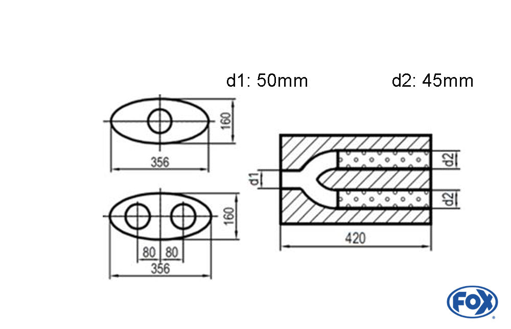 FOX Uni-Schalldämpfer oval zweiflutig mit Hose - Abwicklung 818 356x160mm, d1Ø 50mm d2Ø 45mm, Länge: 420mm