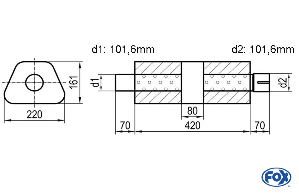 FOX Uni-Schalldämpfer trapez mit Kammer + Stutzen - Abw. 644 220x161mm, d1Ø 101,6mm (außen), d2Ø 101,6mm (innen), Länge: 420mm