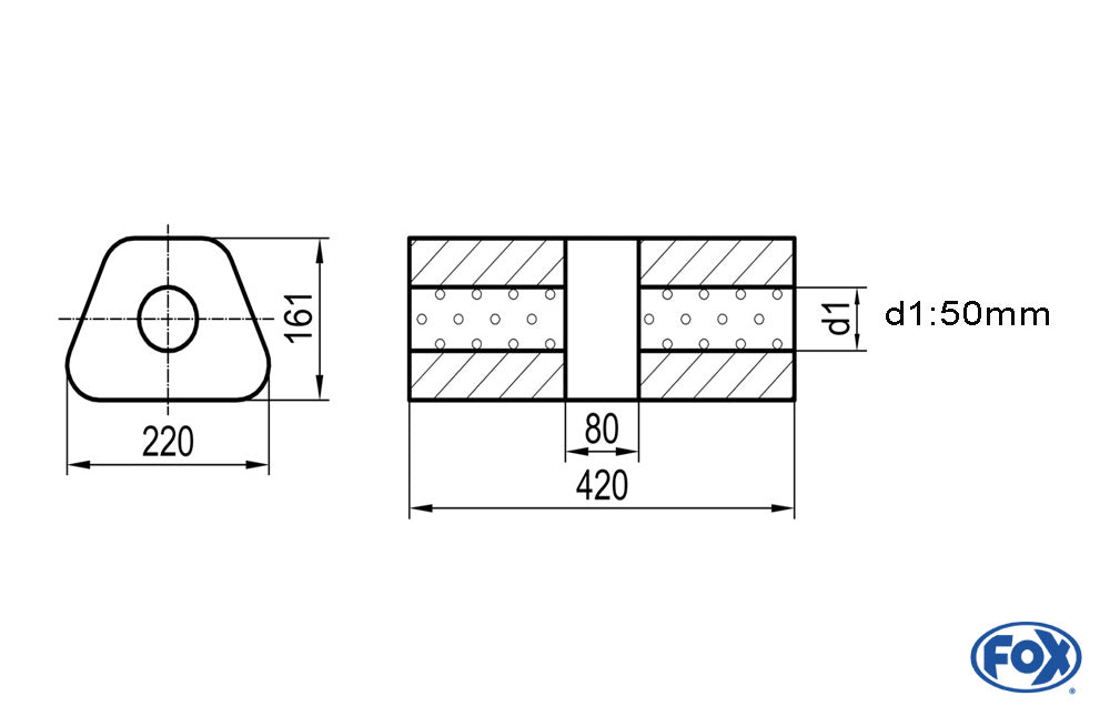 FOX Uni-Schalldämpfer trapez ohne Stutzen mit Kammer - Abw. 644 220x161mm, d1Ø 50mm, Länge: 420mm
