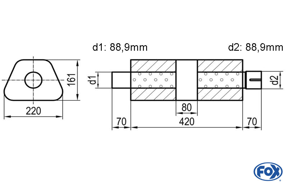 FOX Uni-Schalldämpfer trapez mit Kammer + Stutzen - Abw. 644 220x161mm, d1Ø 88,9mm (außen), d2Ø 88,9mm (innen), Länge: 420mm