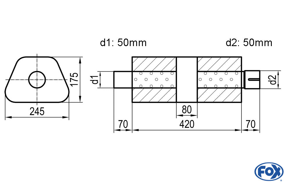 FOX Uni-Schalldämpfer trapez mit Kammer + Stutzen - Abw. 711 245x175mm, d1Ø 50mm (außen), d2Ø 50mm (innen), Länge: 420mm