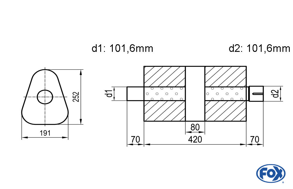 FOX Uni-Schalldämpfer dreieck mit Kammer + Stutzen - Abw. 725 191x252mm, d1Ø 101,6mm (außen), d2Ø 101,6mm (innen), Länge: 420mm