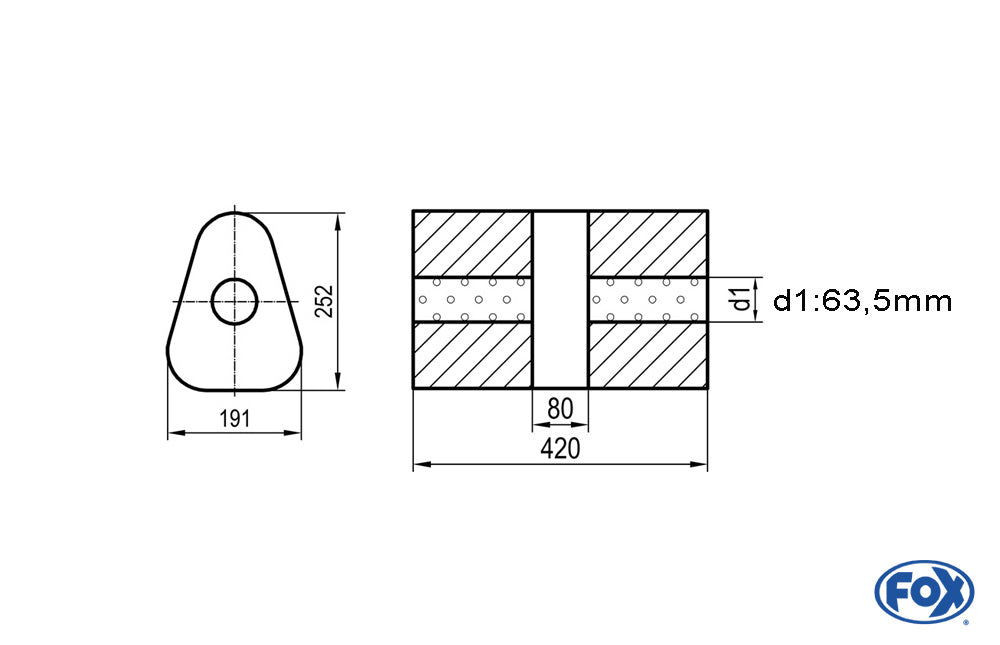 FOX Uni-Schalldämpfer dreieck ohne Stutzen mit Kammer - Abw. 725 191x252mm, d1Ø 63,5mm, Länge: 420mm