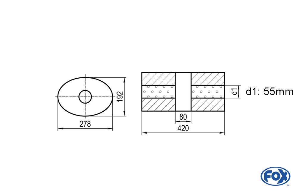 FOX Uni-Schalldämpfer oval ohne Stutzen mit Kammer - Abw. 754 278x192mm, d1Ø 55mm, Länge: 420mm