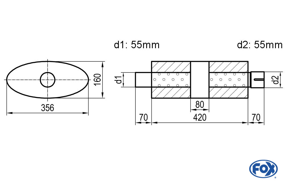 FOX Uni-Schalldämpfer oval mit Kammer + Stutzen - Abw. 818 356x160mm, d1Ø 55mm (außen), d2Ø 55mm (innen), Länge: 420mm