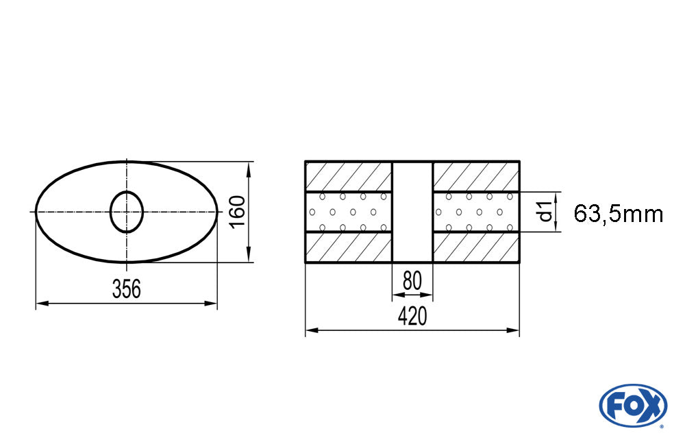 FOX Uni-Schalldämpfer oval ohne Stutzen mit Kammer - Abw. 818 356x160mm, d1Ø 63,5mm, Länge: 420mm
