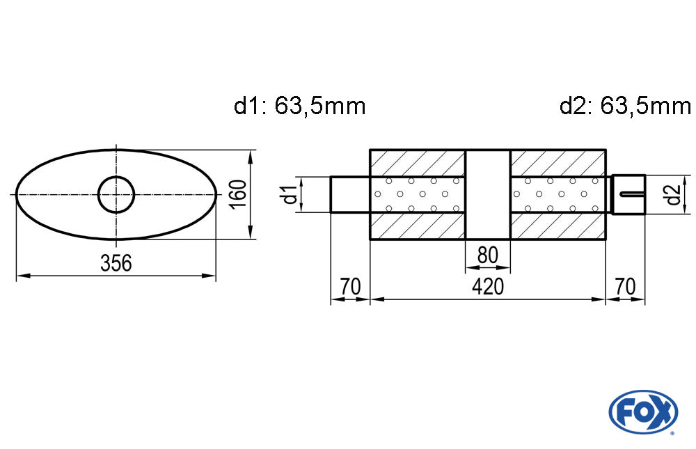 FOX Uni-Schalldämpfer oval mit Kammer + Stutzen - Abw. 818 356x160mm, d1Ø 63,5mm (außen), d2Ø 63,5mm (innen), Länge: 420mm