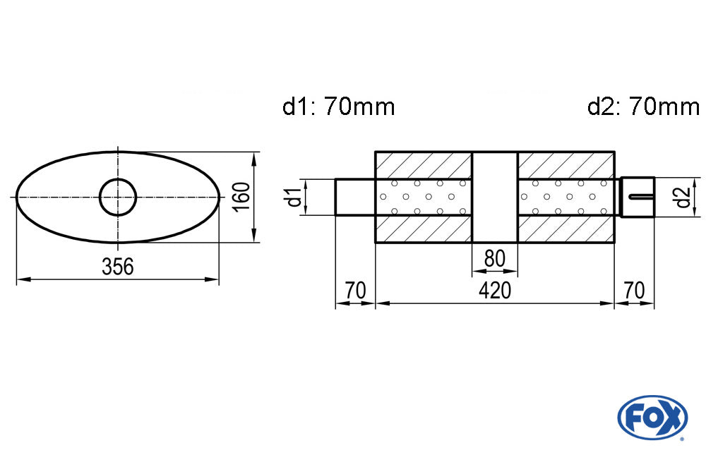 FOX Uni-Schalldämpfer oval mit Kammer + Stutzen - Abw. 818 356x160mm, d1Ø 70mm (außen), d2Ø 70mm (innen), Länge: 420mm