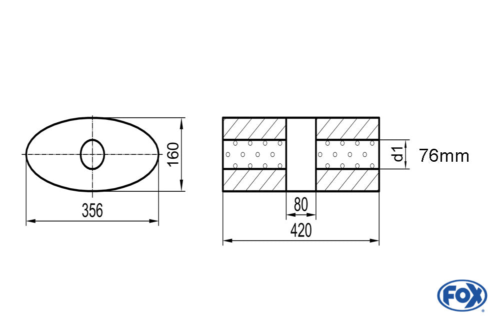 FOX Uni-Schalldämpfer oval ohne Stutzen mit Kammer - Abw. 818 356x160mm, d1Ø 76mm, Länge: 420mm