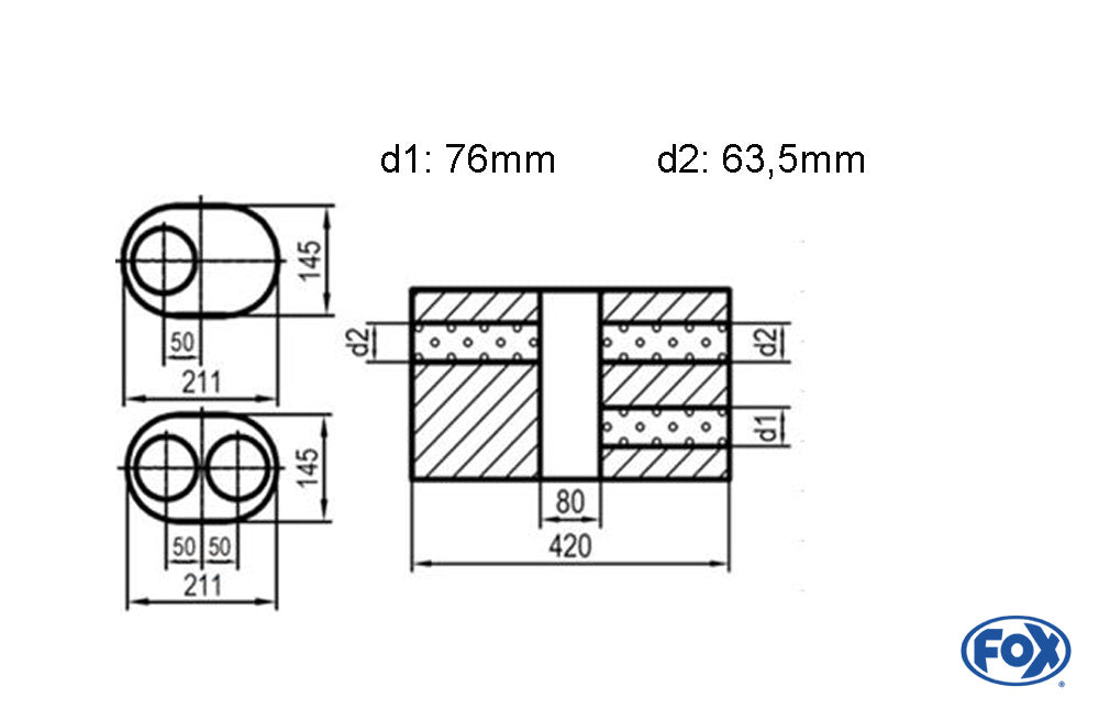 FOX Uni-Schalldämpfer oval zweiflutig mit Kammer -Abwicklung 585 211x145mm, d1Ø 70mm d2Ø 63,5mm, Länge: 420mm - Variante 1