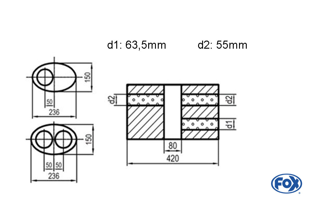 FOX Uni-Schalldämpfer oval zweiflutig mit Kammer -Abwicklung 618 236x150mm, d1Ø 63,5mm d2Ø 55mm, Länge: 420mm - Variante 1