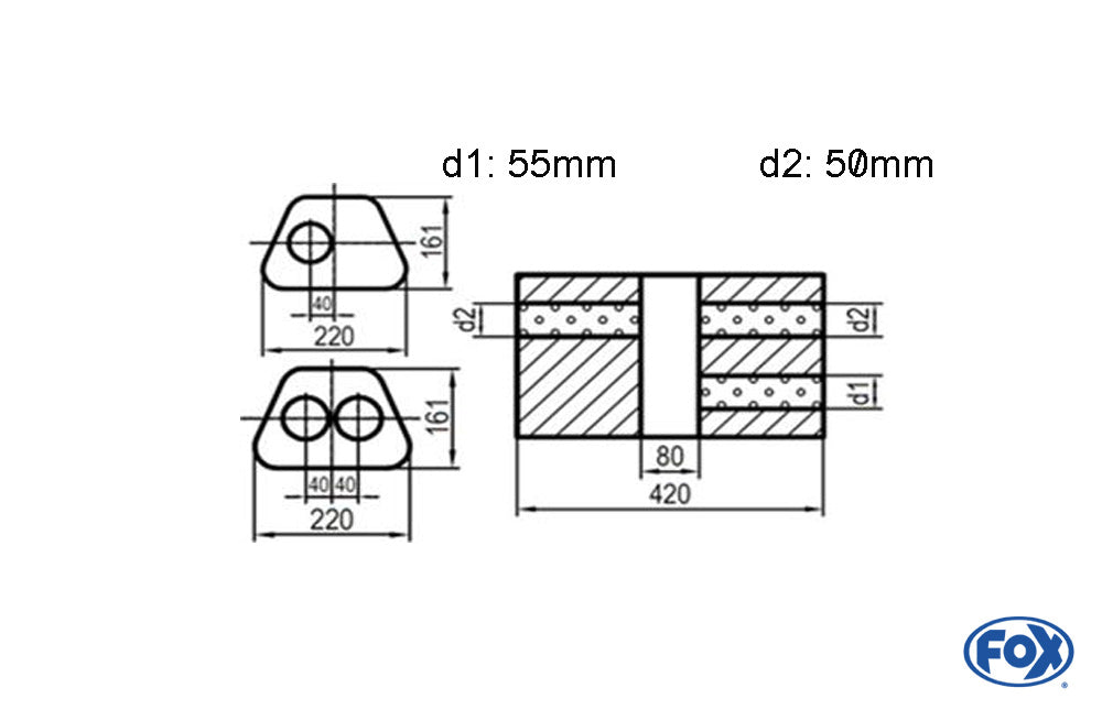 FOX Uni-Schalldämpfer Trapezoid zweiflutig mit Kammer - Abw. 644 220x161mm, d1Ø 55mm d2Ø 50mm, Länge: 420mm - Variante 1