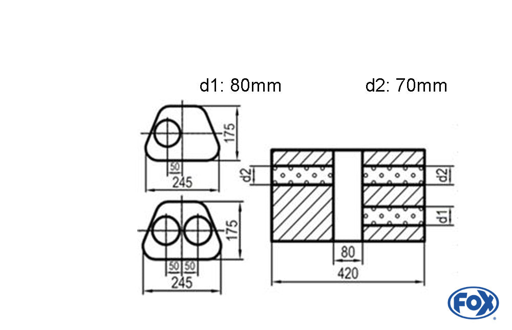 FOX Uni-Schalldämpfer Trapezoid zweiflutig mit Kammer - Abw. 711 245x175mm, d1Ø 80mm d2Ø 70mm, Länge: 420mm - Variante 1