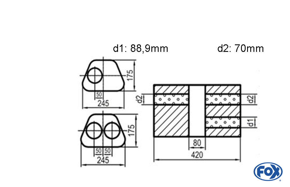 FOX Uni-Schalldämpfer Trapezoid zweiflutig mit Kammer - Abw. 711 245x175mm, d1Ø 88,9mm d2Ø 70mm, Länge: 420mm - Variante 1