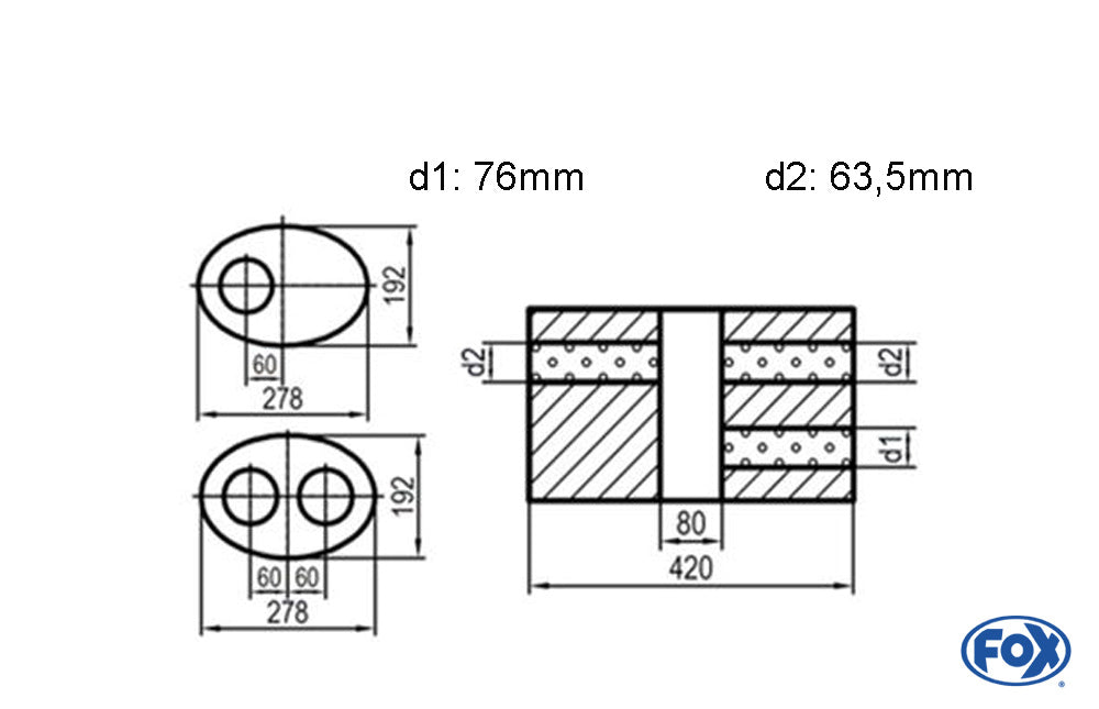 FOX Uni-Schalldämpfer oval zweiflutig mit Kammer - Abw. 754 278x192mm, d1Ø 76mm d2Ø 63,5mm, Länge: 420mm - Variante 1