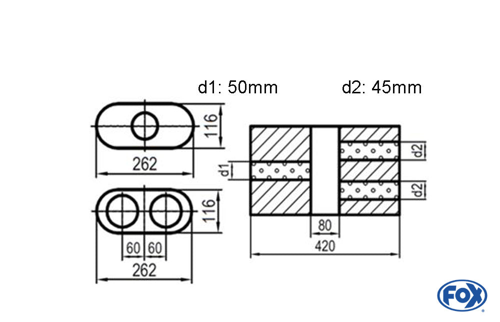 FOX Uni-Schalldämpfer oval zweiflutig mit Kammer - Abw. 650 262x116mm, d1Ø 50mm d2Ø 45mm, Länge: 420mm - Variante 2