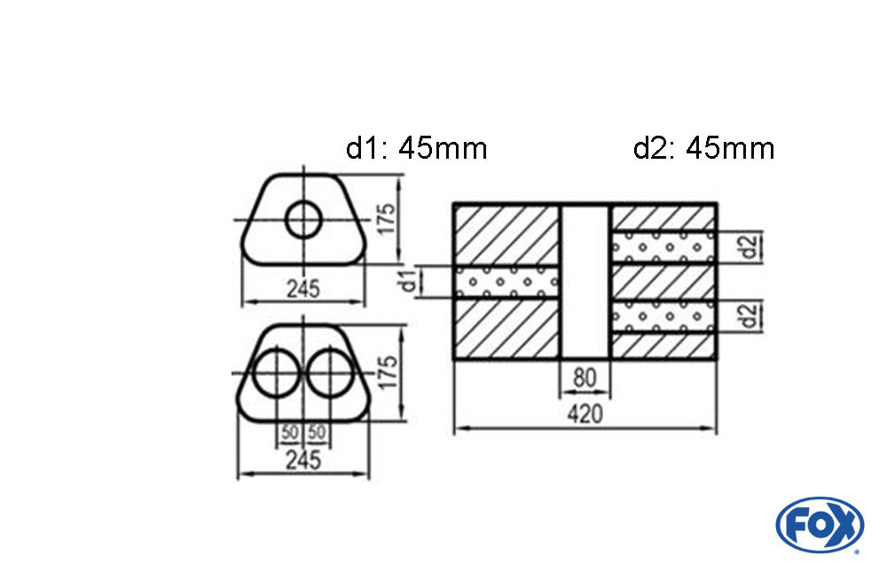 FOX Uni-Schalldämpfer Trapezoid zweiflutig mit Kammer - Abw. 711 245x175mm, d1Ø 45mm d2Ø 40mm, Länge: 420mm - Variante 2