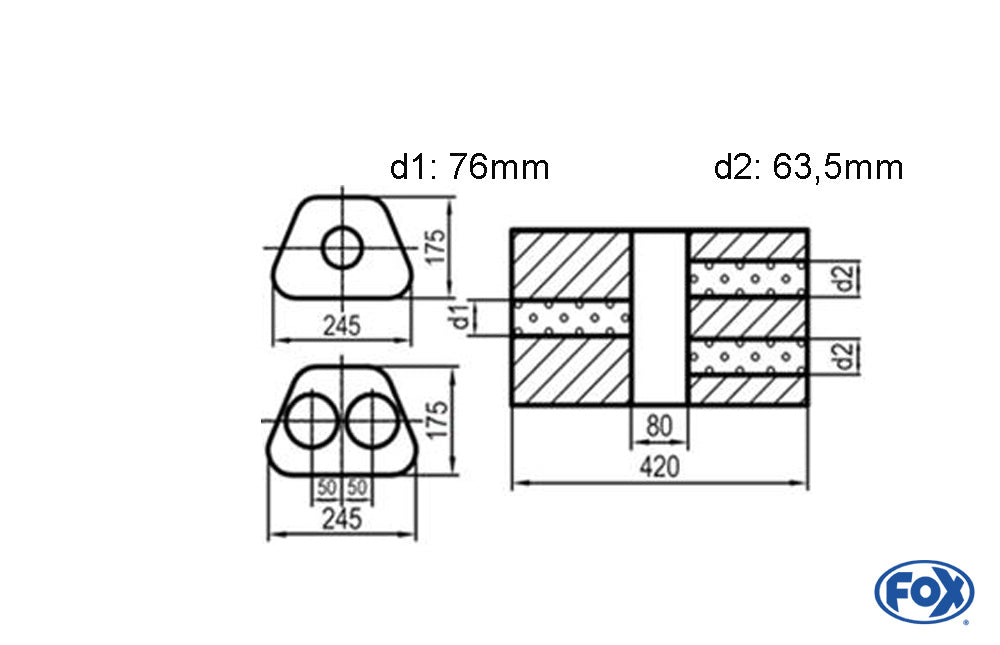 FOX Uni-Schalldämpfer Trapezoid zweiflutig mit Kammer - Abw. 711 245x175mm, d1Ø 76mm d2Ø 63,5mm, Länge: 420mm - Variante 2