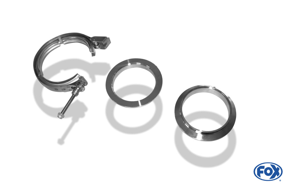 FOX V-Bandschelle Ø89mm - Set Dieses Set besteht aus: 2x CNC gedrehte Edelstahl V-Band Flansche (männlich & weiblich) mit Nut für 89mm Rohre 1x V-Band Schelle mit Schnellverschluss aus Edelstahl inkl. Spezialmutter