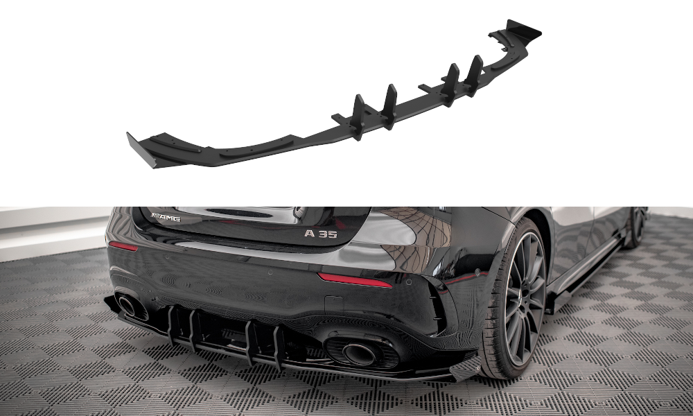 Maxton Robuste Racing Diffusor Heck Ansatz +Flaps für Mercedes A35 AMG Hatchback Aero Pack W177 schwarz Hochglanz